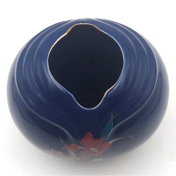 Vintage Porcelain Blue Ribbed Vase Iris Floral Design Gold Trim Fine China Japan - Picture 2 of 6